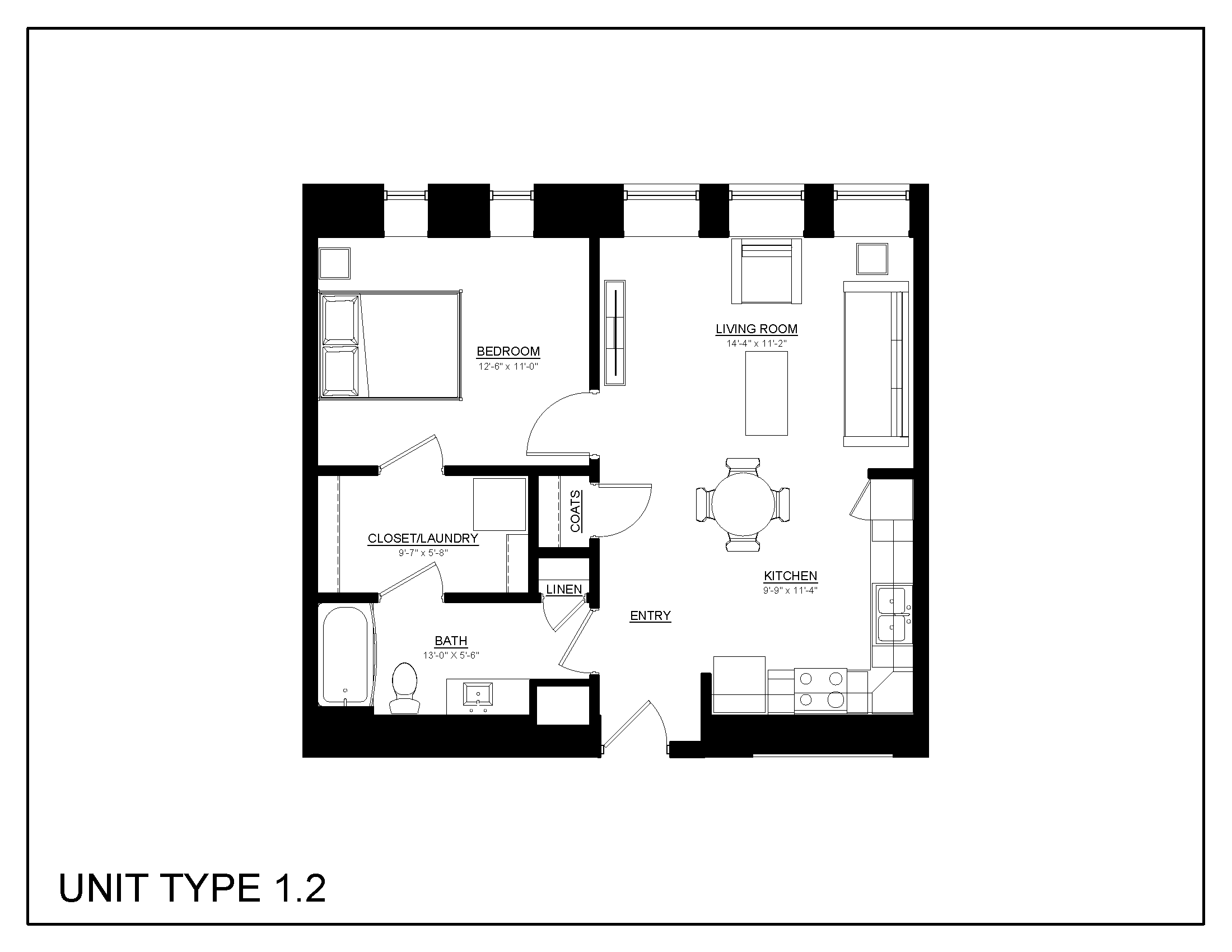 Floor plan for 1 bed, 1 bath, 668 sqft